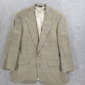 VTG‎ Austin Reed Silk Blazer Mens 42R Cream Blue Windowpane Plaid Notch Collar